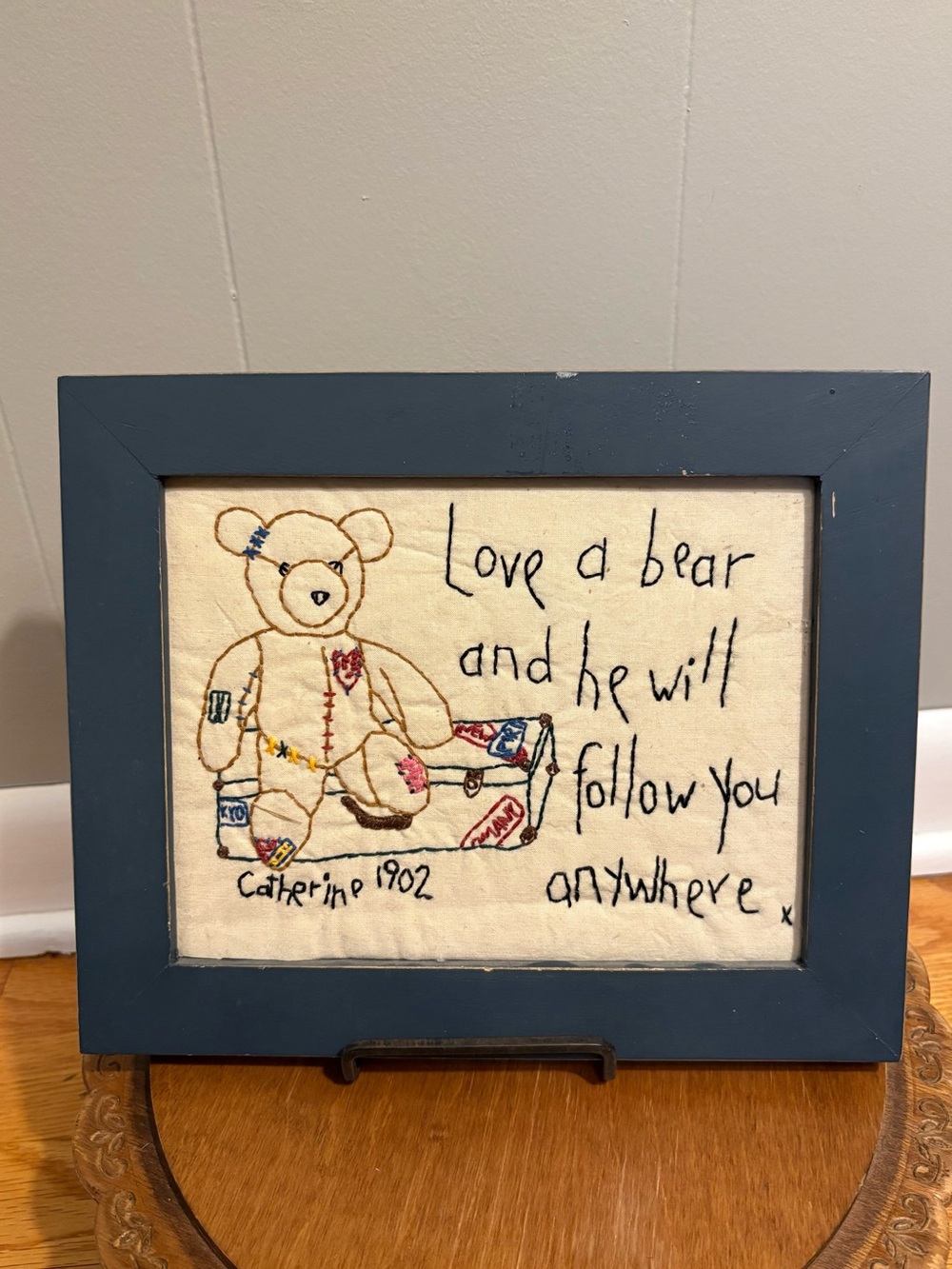 Vintage Needlepoint Bear on Suitcase Framed Art